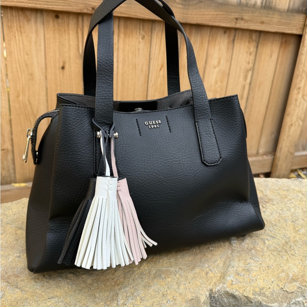 GUESS 1981 Black Faux Leather Tote Satchel Bag